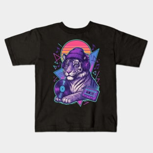 Tiger With Headphones Retro Music Vaporwave Kids T-Shirt